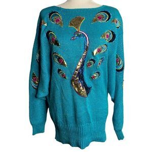 Vintage 80s Peacock Sweater M Turquoise Blue Metallic Dolman Sleeve Oversized